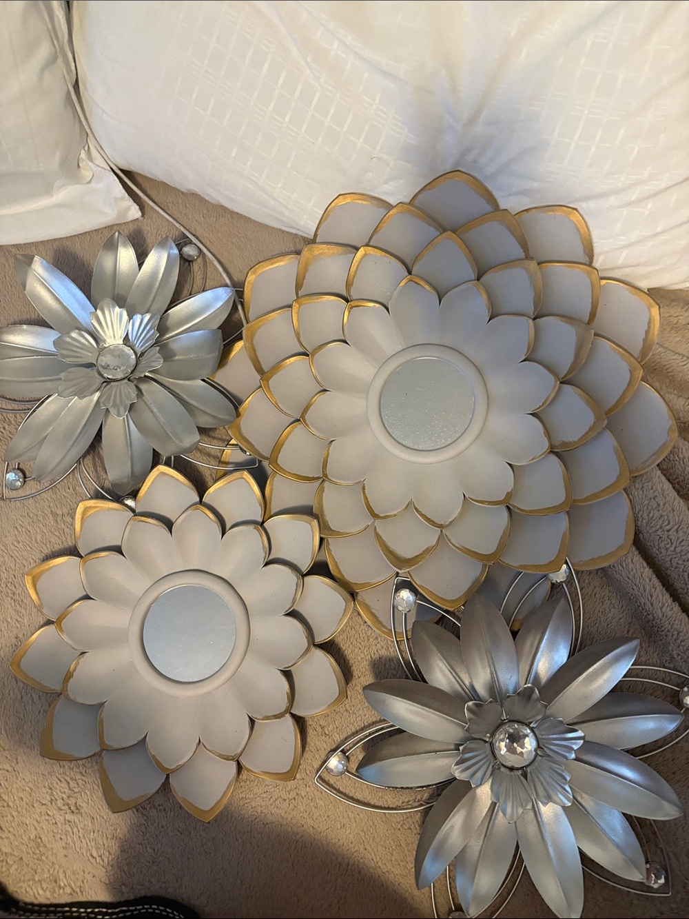 Decorative Metal Flower Wall Accents in White and Silver